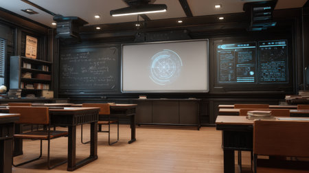 A contemporary classroom featuring sleek blackboards, wooden desks, and a digital projector, designed to foster a creative and engaging learning atmosphere.の素材