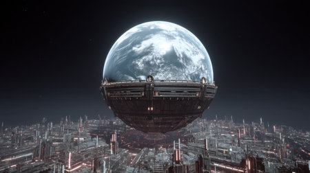 A stunning visual of a futuristic space station orbiting a vibrant planet, surrounded by an urban landscape, illuminated by neon lights, highlighting advanced technology.の素材