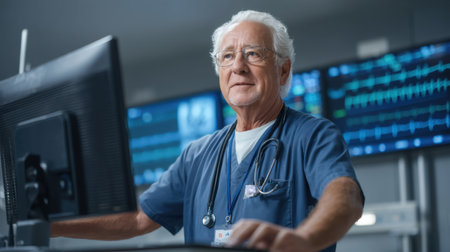 Senior male doctor in scrubs operates a computer in a hospital setting, reviewing patient data while heart rate monitors display vital signs in the background.の素材