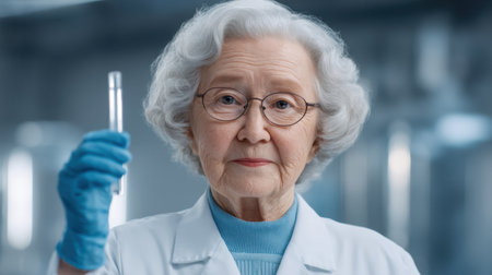 An elderly scientist in a laboratory setting confidently holds up a test tube. Her expression exudes professionalism and expertise, showcasing scientific research and discovery.の素材