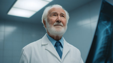 An elderly male doctor in a white coat looks thoughtfully at a medical x-ray in a modern healthcare facility, highlighting wisdom and professionalism in a clinical setting.の素材