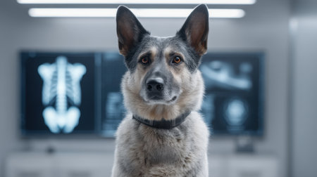 A focused dog stands in a modern veterinary clinic, surrounded by x-ray images and advanced medical equipment. This image represents animal health and professional care.の素材