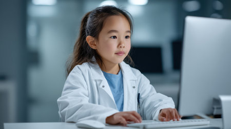 A young girl in a white lab coat demonstrates curiosity and focus while working at a computer in a modern laboratory setting, symbolizing future innovation.の素材