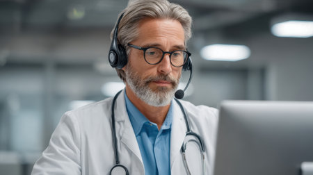 A focused doctor engages in a virtual consultation with patients, showcasing the importance of telemedicine in modern healthcare settings through technology and professionalism.の素材