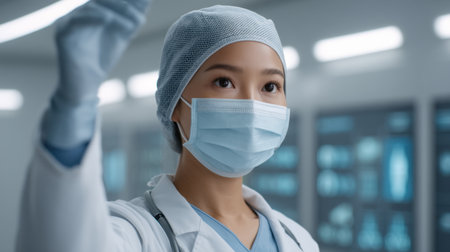 A dedicated healthcare professional in a lab environment, wearing a mask and cap, focuses on data analysis for patient diagnostics, showcasing modern medical practices.の素材