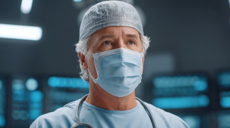 A dedicated healthcare professional stands ready in a surgical room, wearing a mask and cap, symbolizing commitment to patient care and safety in a high-tech environment.の素材