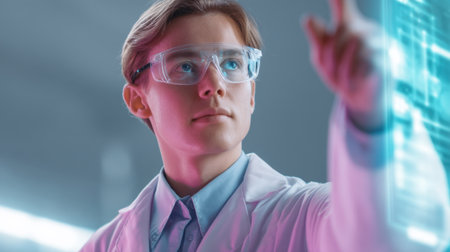 A young male scientist in a lab coat uses advanced technology to engage with data visualization, showcasing innovation and research in a modern laboratory environment.の素材