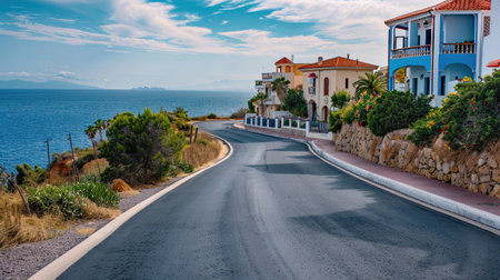 Scenic asphalt road with residential area buildings by the sea, capturing a beautiful coastal viewの素材