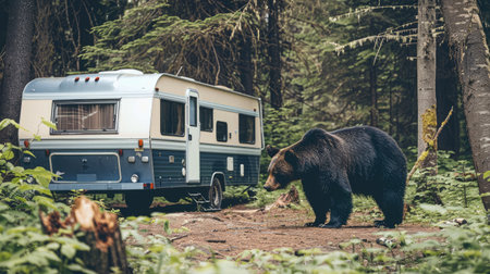 Big black brown bear near a vintage RV camper in the forest. Natural wildlife and retro motorhome sceneの素材