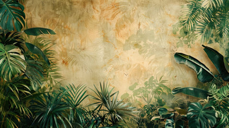 Textural background with art painted tropical plants and trees, creating a stunning photo wallpaperの素材