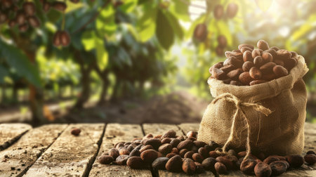 Cocoa beans in a jute sack on a wooden table, surrounded by a blurry crop farm background, showcasing the rich harvest for product useの素材