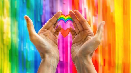 Heart-shaped hands held up against a rainbow background, symbolizing love and support for the LGBT communityの素材