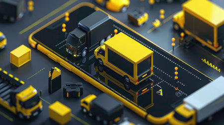 3D vector illustration of a mobile phone screen showing black and yellow delivery vehicles, highlighting the global logistics of online shoppingの素材