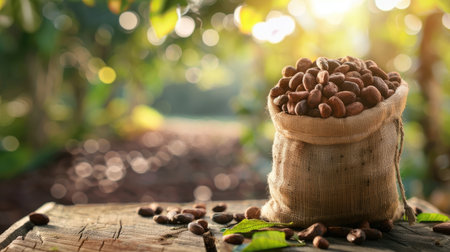 Cocoa beans in a jute sack on a wooden table, surrounded by a blurry crop farm background, showcasing the rich harvest for product useの素材