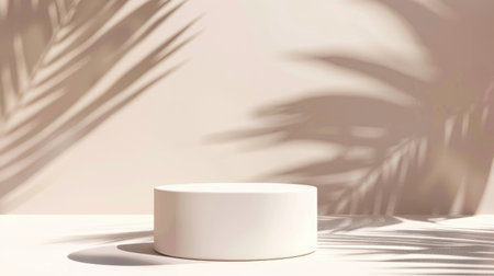 Minimalistic 3D render of a white blank cylinder frame with summer background, featuring subtle palm leaf shadows for an elegant displayの素材
