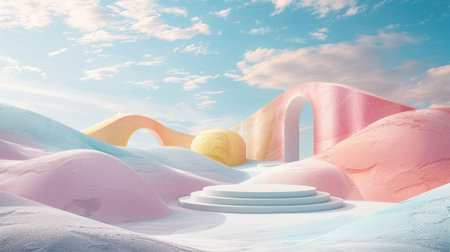 3D rendered surreal pastel landscape, featuring arches and a podium, colorful dunes under a blue, cloudy sky.の素材