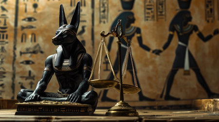 Conceptual image of Anubis and a balance scale, emphasizing judgment and the afterlife in Egyptian culture.の素材