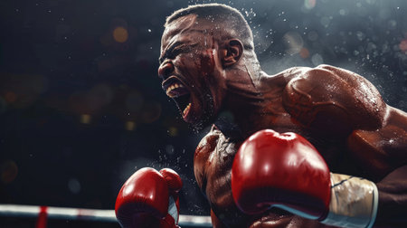 Victorious boxer screams in the ring, reflecting the passion and adrenaline of the fight.の素材