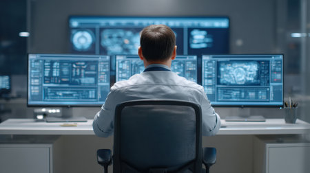 A healthcare professional sits in a modern laboratory, analyzing complex medical data displayed on multiple monitors. The workspace is equipped for high-tech research and diagnostics.の素材