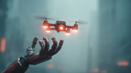 A striking image of a robotic hand reaching towards a small drone, set against a foggy urban backdrop. This scene captures the essence of advanced technology and innovation.の素材