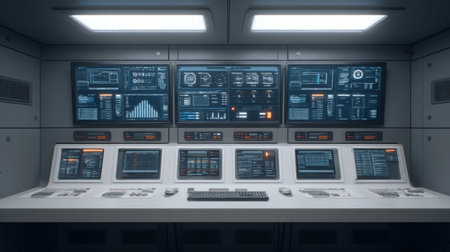 A sleek futuristic control room featuring multiple screens displaying various data and graphs, ideal for technology, engineering, and monitoring visuals.の素材