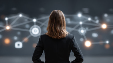 A businesswoman stands with her back to the viewer, analyzing intricate digital networks and data insights in a sleek, modern office environment.の素材