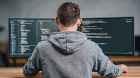 A focused programmer engages with code on dual monitors in a contemporary office setting. The image highlights the blend of technology, creativity, and productivity in software development.の素材