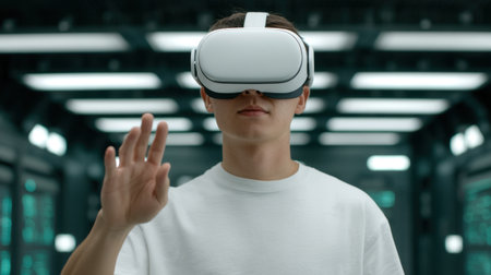 A young adult interacts with virtual reality technology in a futuristic environment, showcasing the innovative experience of immersive digital worlds and exploration.の素材