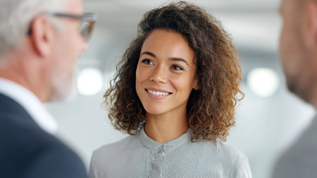 A smiling woman engages in a lively conversation with colleagues in a modern office environment, highlighting the importance of communication and teamwork in professional settings.の素材