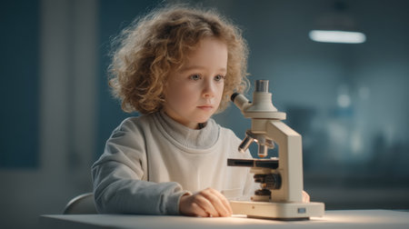 A young child patiently observes a specimen through a microscope in a bright laboratory, embodying curiosity and a passion for science in a nurturing environment.の素材