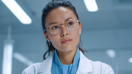 A focused healthcare professional wearing glasses in a modern lab setting. This image captures a moment of contemplation, highlighting dedication to patient care and research.の素材