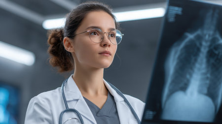 A young female doctor intently analyzing x-ray images on a screen in a modern hospital setting, showcasing the integration of technology in patient care and diagnosis.の素材