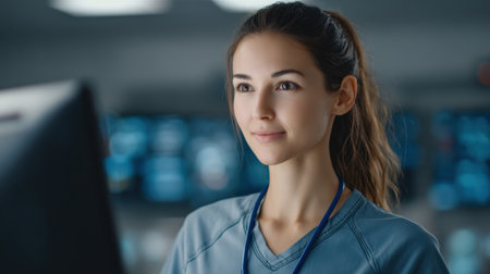 A young female professional in scrubs is focused on her computer screen in a modern workspace, exemplifying dedication and professionalism in the healthcare environment.の素材