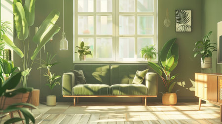 Cozy living room with green houseplants and minimal furniture, creating a serene home decor background with a plant designの素材