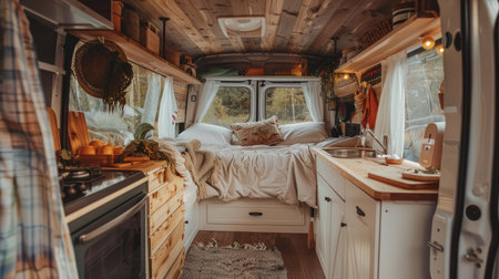 Inside a camper van with cozy Scandinavian decor, showcasing a bed and kitchen room, perfect for a relaxing vacationの素材