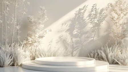 3D forest podium with white plants, perfect for cosmetic product displays in a nature-inspired studio settingの素材