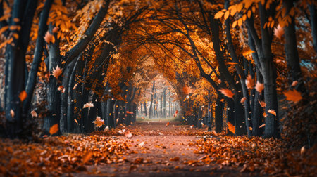 Scenic park with a tunnel of trees and falling orange leaves, perfect for a romantic autumn season settingの素材