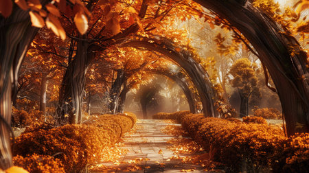 Romantic nature tunnel with autumn trees and orange leaves, offering a serene and beautiful scene for a park settingの素材