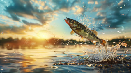 Dynamic shot of a fish jumping over the water in a lake, with water splashes and a beautiful sky backgroundの素材