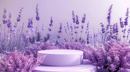 3D lavender podium with purple flowers, perfect for nature-themed beauty product presentations and displayの素材