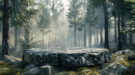 3D rock podium with a forest background, creating a natural and wild setting for product presentations -の素材