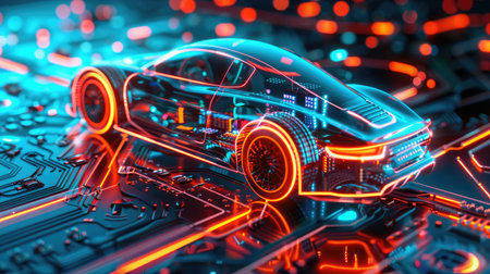 Advanced automotive technology illustrated by a futuristic car on a glowing circuit board, highlighting cybersecurityの素材