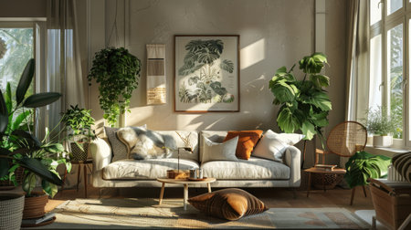 Serene living room with green houseplants and chic furniture, highlighting cozy home decor and plant minimal designの素材