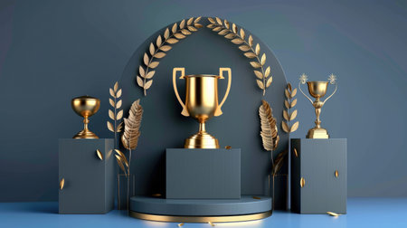 3D podium with winner trophies and laurel wreaths, ideal for champion stage and award event designsの素材