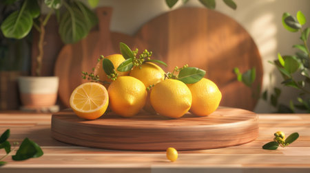 3D podium with lemons and wooden elements, ideal for showcasing citrus products and natural presentationsの素材