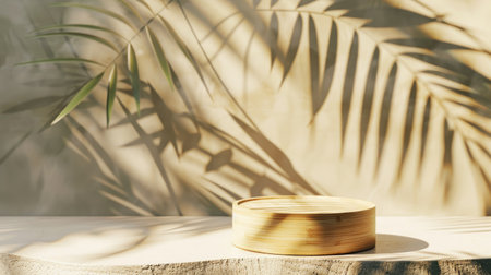 Bamboo-themed podium with green leaf shadows, perfect for showcasing natural and organic beauty productsの素材