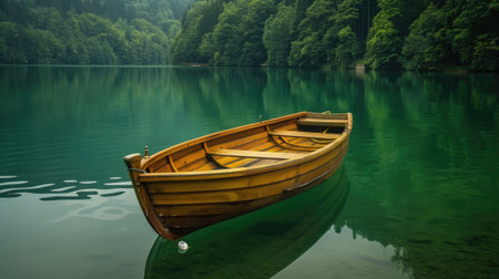 Calm green lake featuring a wooden rowing boat, surrounded by nature's beauty and still waters -の素材