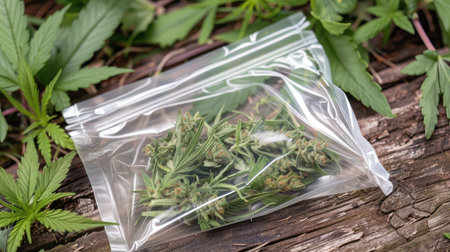 Cannabis in a plastic bag, ready for delivery from a CBD store, showcasing the medical and lifestyle aspects of marijuanaの素材