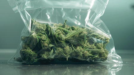 Cannabis in a plastic bag, ready for delivery from a CBD store, showcasing the medical and lifestyle aspects of marijuanaの素材
