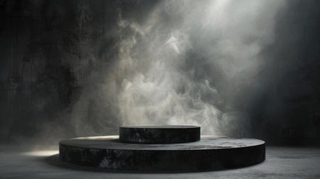 Black podium on a smoky, foggy stage with a dark concrete backdrop, perfect for creating a dramatic, empty night room sceneの素材